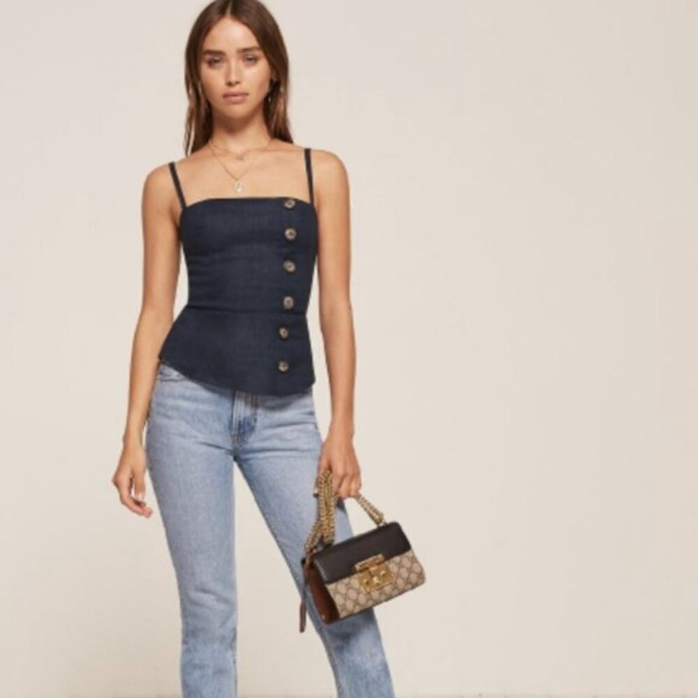 Reformation Navy Linen Top